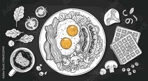 Delicious traditional breakfast spread featuring fried eggs and bacon with sausages and waffles shown in a detailed chalkboard sketch.