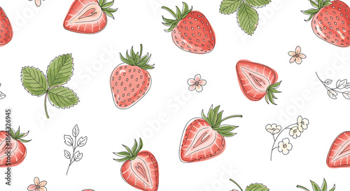 Seamless pattern design with fresh red strawberries and delicate white flowers scattered across a clean white background for textile.