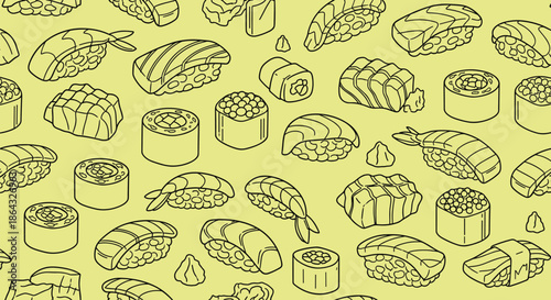 Endless seamless pattern of assorted Japanese sushi and rolls illustrated in a minimalist line art style over a light yellow background.