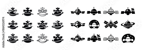 Satellite and spacecraft icon set - black and white vector illustrations