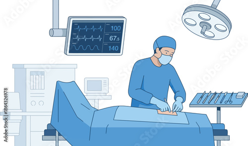 Professional male surgeon performing surgery in operating room with advanced medical equipment and patient on table in modern hospital clinic scene for healthcare.