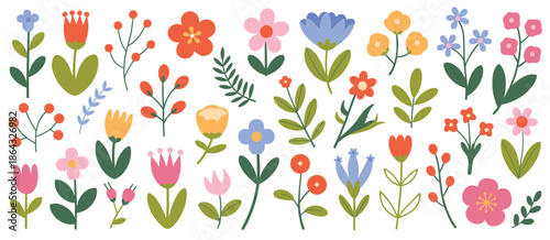 Assortment of Stylized Folk Art Flowers and Botanical Elements Keywords: flowers, floral, botanical, folk art, illustration, nature, garden, plants