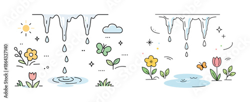 Minimalist spring and winter transition with flowers and melting icicles