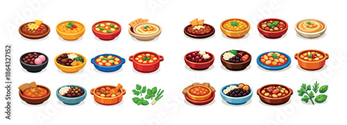 Variety of colorful soup bowls with herbs and ingredients