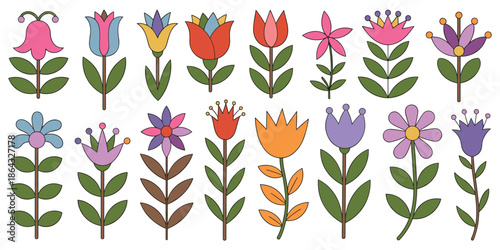 Collection of fifteen stylized colorful flowers with stems on a white background floral botanical