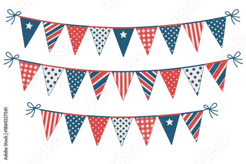 Festive American Flag Themed Bunting Flags in Red White and Blue with Various Patterns patriotic