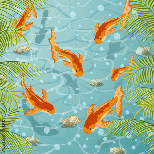 Palm leaves over a pond with goldfish.Colored illustration with palm leaves and gold fish in the water.
