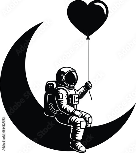 Astronaut holding heart balloon on crescent moon Vector