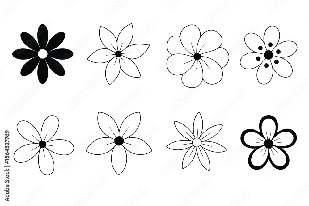Obraz premium Set of Eight Simple Line Art and Silhouette Flower Icons Keywords: flowers, floral, icon, silhouette, line art, outline, black and white, simple