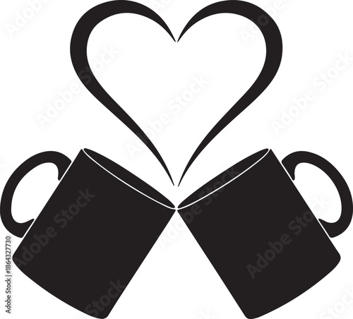 Canvas-taulu Minimalist Black and White Vector of Two Coffee Mugs Toasting with Heart-Shaped