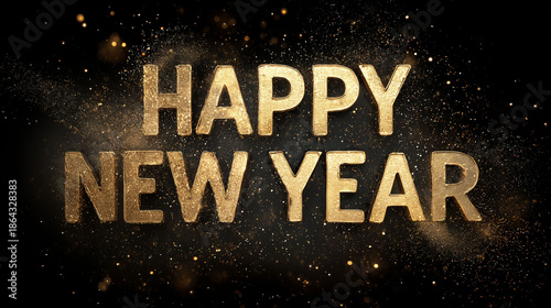 Elegant gold Happy New Year 3D typography with shimmering bokeh effect