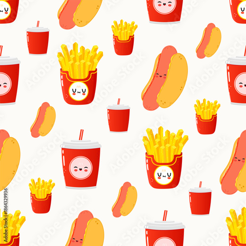 Cute fast food seamless pattern with kawaii characters