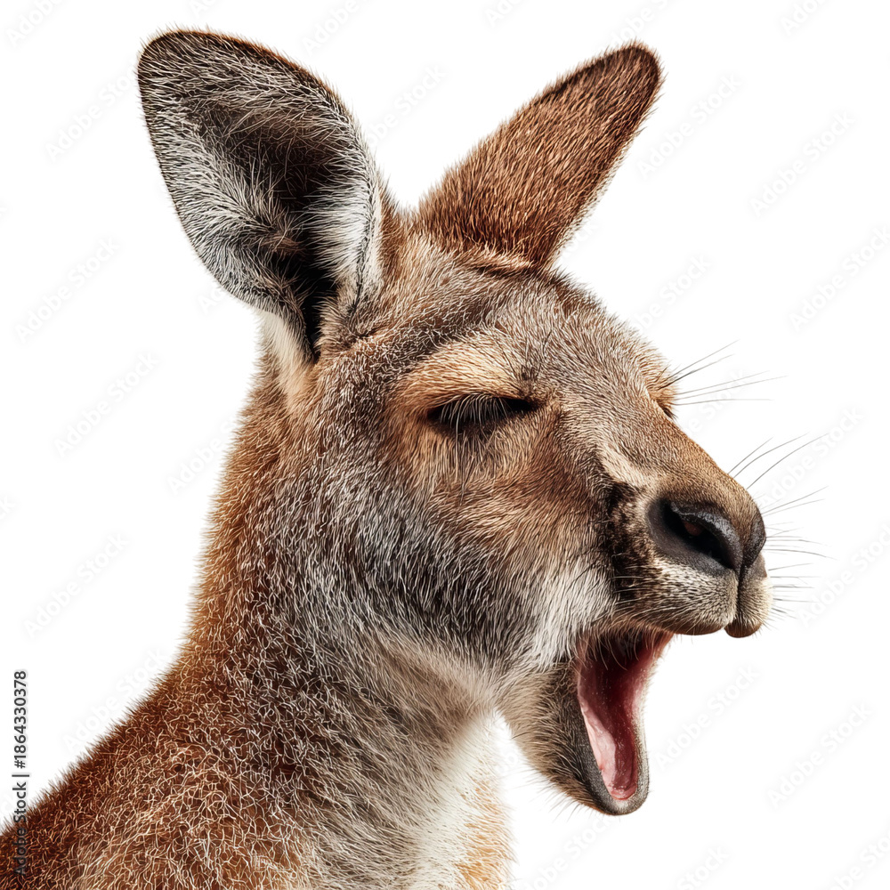 Fototapeta premium PNG of Sleepy kangaroo yawning, captured up close in high detail.
