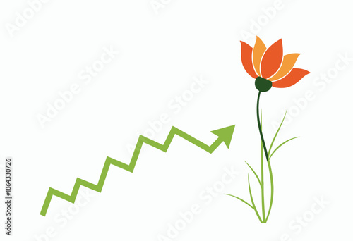 Illustration of a financial growth chart with upward trend adjacent to a blossoming flower symbolizing natural growth and economic progress