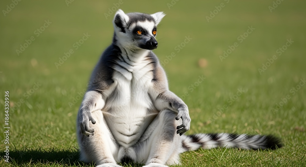 Obraz premium A curious ring-tailed lemur with striking facial markings sits attentively on a vibrant green grassy field, showcasing its distinctive black and white striped tail
