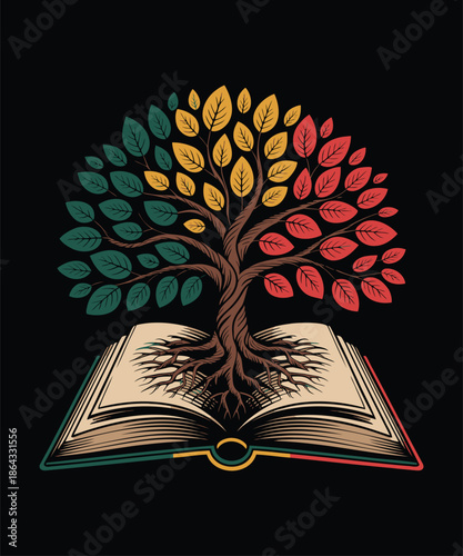 A vibrant, multi-colored tree sprouts from an open book, representing knowledge and growth, isolated on a black background.