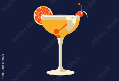 Elegant cocktail served with a vibrant citrus garnish and cherry embellishment in a sleek stemmed glass against a minimalist deep blue background