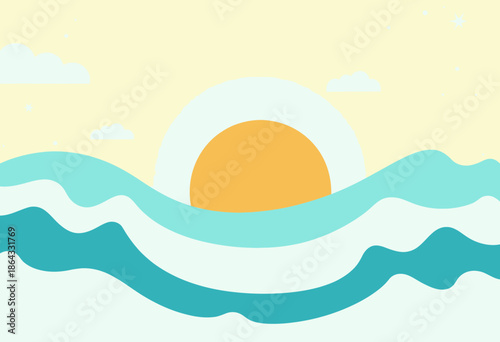 Serene Minimalist Illustration of a Sunrise Over Gentle Ocean Waves with Soft Colors and Simple Shapes Creating a Peaceful and Calming Atmosphere