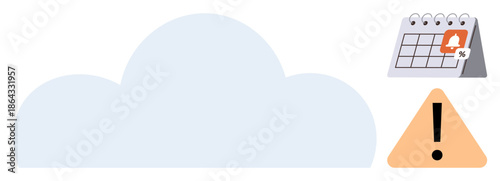 Time management, cloud storage alerts, deadline tracking, digital notifications, task scheduling, organization. Cloud, warning sign and calendar with notification. Time management and cloud storage