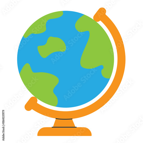 Stylized educational globe illustration showcasing Earth's continents on a vibrant orange stand, representing global connection, learning, and geography concepts