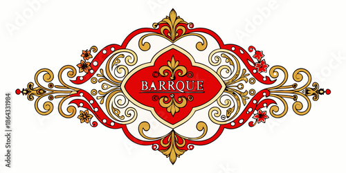 Ornate baroque decorative emblem with red and gold flourishes, vector