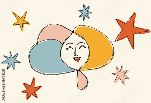 Whimsical face composed of colorful abstract shapes surrounded by floating vibrant stars in a dreamlike whimsical illustration