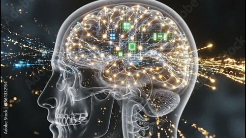 Abstract glowing brain with digital network connections and light trails