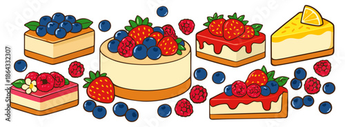 Set of various cheesecakes with vibrant fruits. Assortment of cheesecakes with lemon, strawberries, blueberries and raspberries, garnished with fresh leaves, isolated on white background