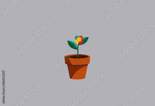 Vibrant abstract flower art in minimalist modern style, displaying a colorful bloom in a clay pot against a simple gray backdrop for contemporary decor