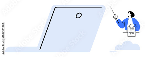 Open laptop with presenter pointing using a stick and holding a document. Ideal for education, training, remote work, online learning, communication, technology, business. Simple flat metaphor