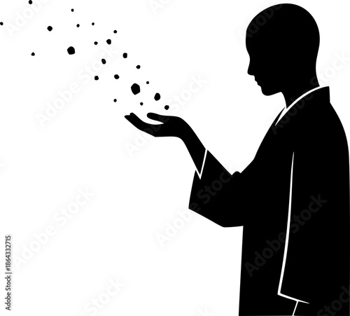 Silhouette of a person dispersing particles in a solemn, zen ill
