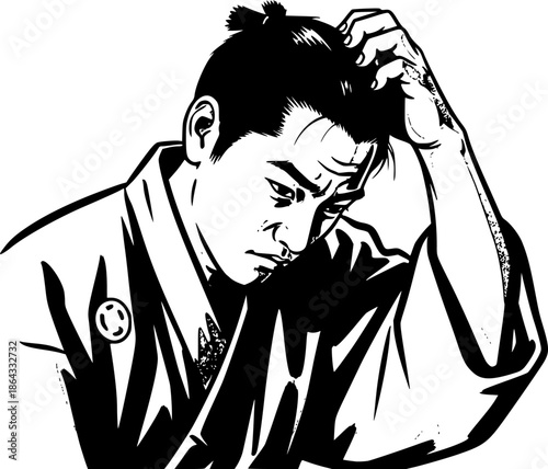 Monochrome sumi-e illustration of a thoughtful man scratching hi
