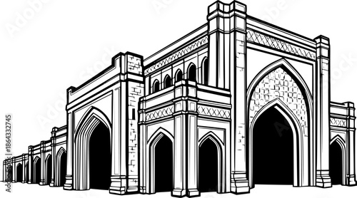 Minimalist sumi-e style iconic building with elaborate archways
