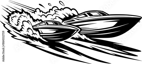 Dramatic monochrome illustration of a daring boat chase in motio
