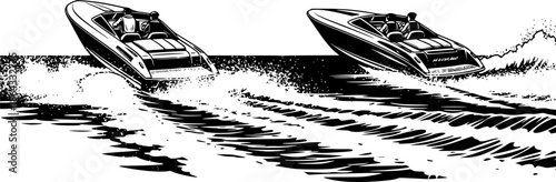 Dramatic monochrome illustration of a daring boat chase in motio
