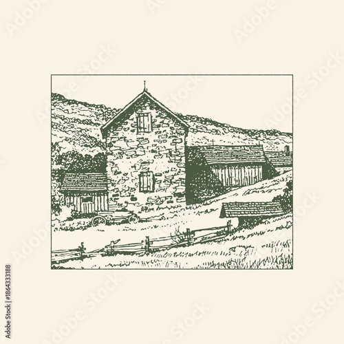 Vintage Hand-Drawn Sketch of a Rustic Stone Farmhouse in the Mountains with a Wooden Fence and Countryside Landscape Illustration