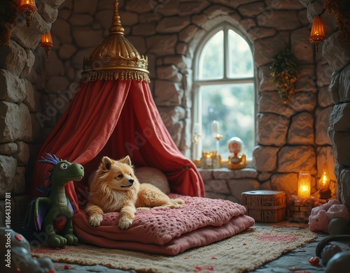 Dog house with fantasy theme: castle walls, dragon plush toys, glowing crystals, and royal canopy bed Generative AI