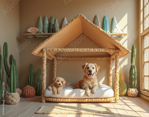Beach-themed dog house with sand-colored walls, surfboard shelves, seashell decorations, and rattan bed Generative AI