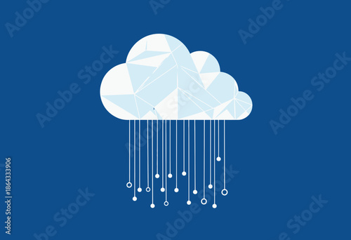 Illustration of a geometric cloud emitting binary-style data lines against a solid blue background, symbolizing digital data transfer, cloud computing, or data storage.