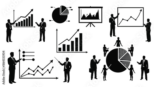 Business professionals presenting data charts and graphs