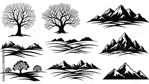 Collection of black and white tree and mountain silhouettes