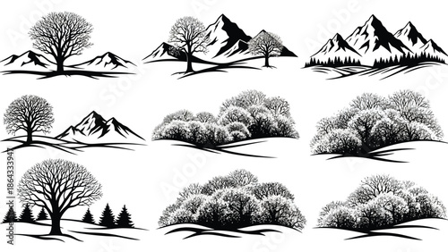Collection of black and white tree silhouettes against mountains