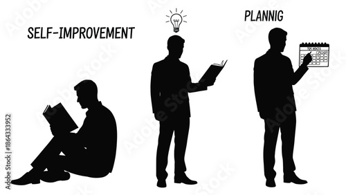 Man silhouette reading book and planning for self improvement