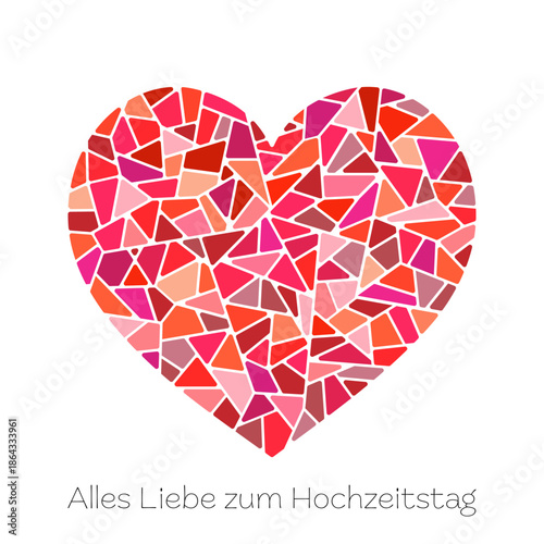 Alles Liebe zum Hochzeitstag - Schriftzug in deutscher Sprache. Quadratische Grußkarte mit einem Mosaikherz in Rottönen.
