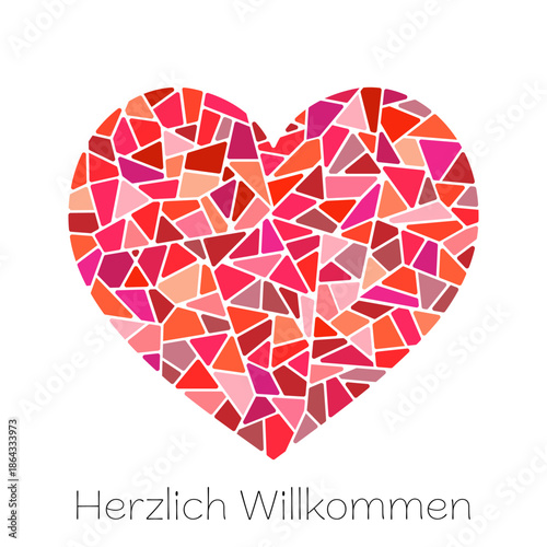 Herzlich Willkommen - Schriftzug in deutscher Sprache. Quadratische Grußkarte mit einem Mosaikherz in Rottönen.