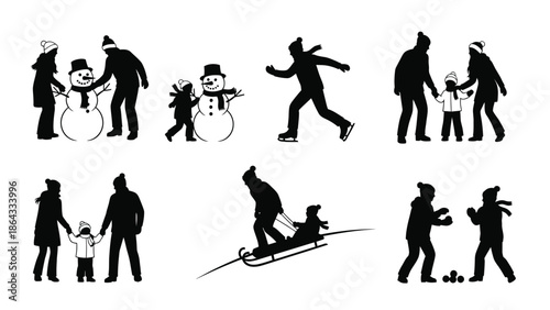 Family enjoying winter activities together silhouette