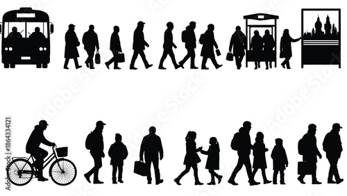 People walking and commuting to work in city