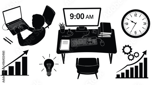 Productive office workspace with person working on laptop