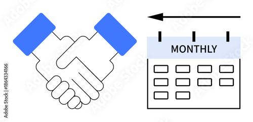Business agreement. Handshake partnership alongside a monthly calendar for recurring agreements or payments. Business agreement for collaboration, payment plans, and scheduling. Ideal for finance