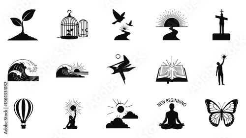 Collection of spiritual and nature inspired black silhouette icons